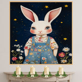 Adorable White Bunny in Floral Overalls Hand Painted Art Magical Starry Night Scene Perfect for Nursery Kids Room Home Wall Decor Bedroom or Gift on Ready to Hang 1.5" Thick Canvas Wrap, Floating Framed Canvas, Flat Rolled Canvas
